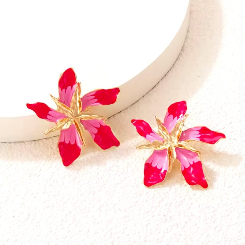 Fashion Pink Flowers Stud Women Earrings